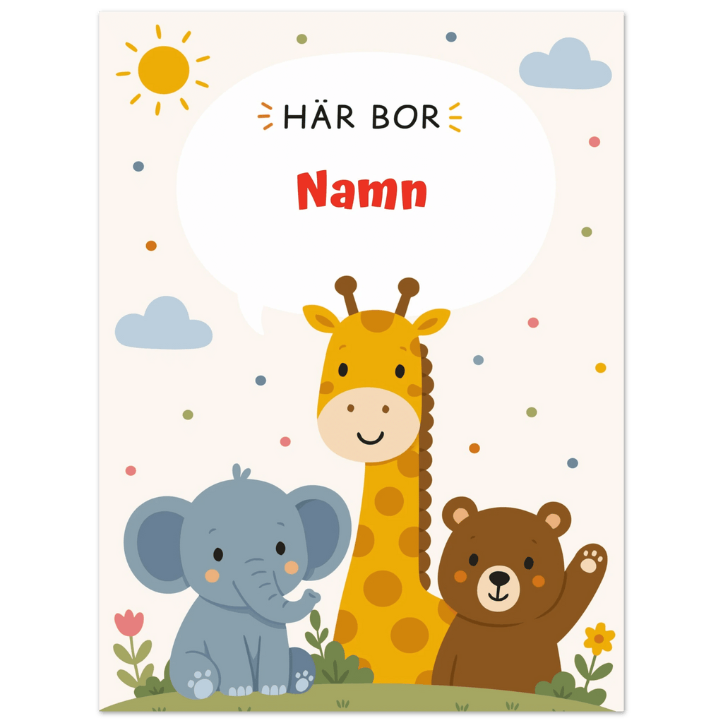Personlig namnposter med djur – Här bor med röd text poster