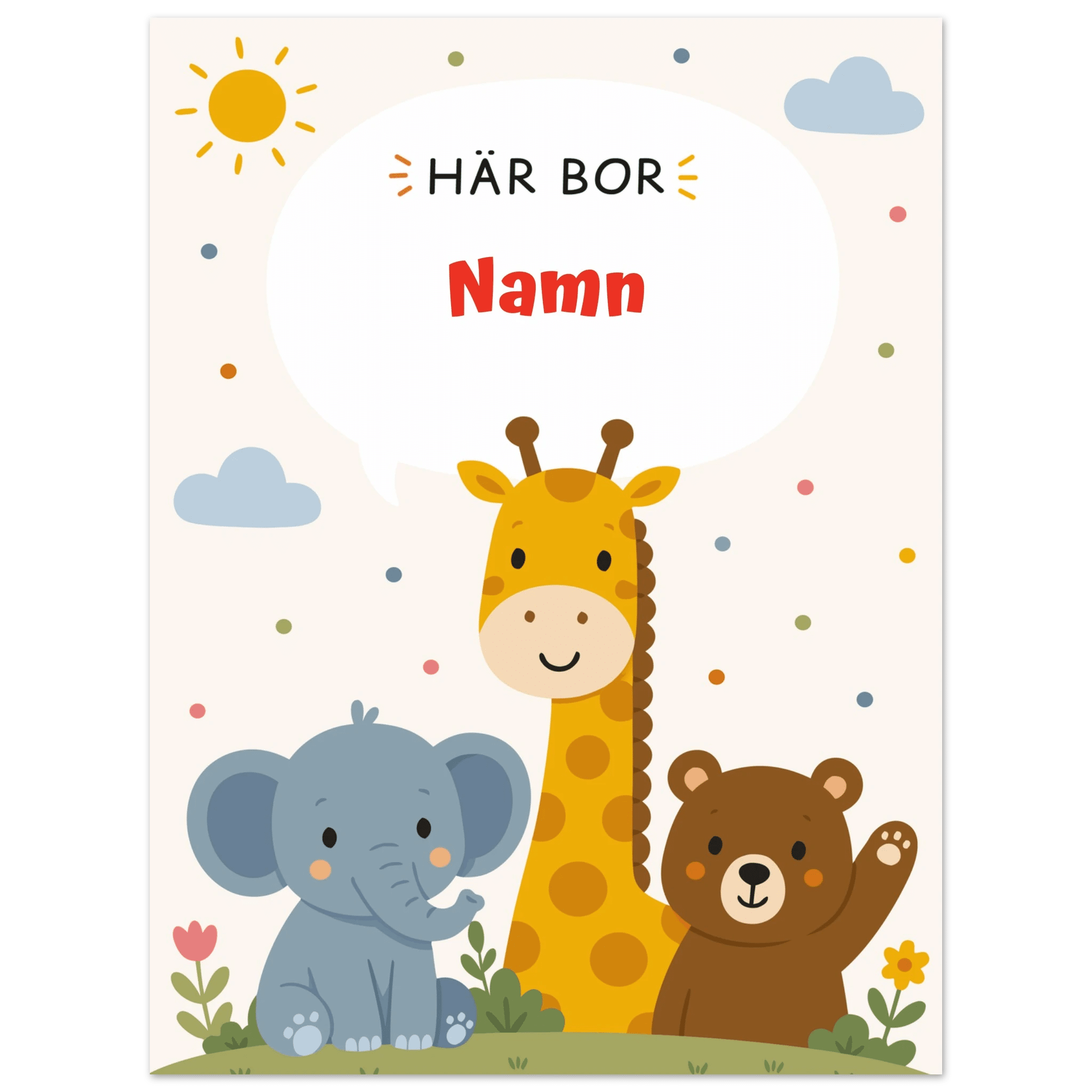 Personlig namnposter med djur – Här bor med röd text poster