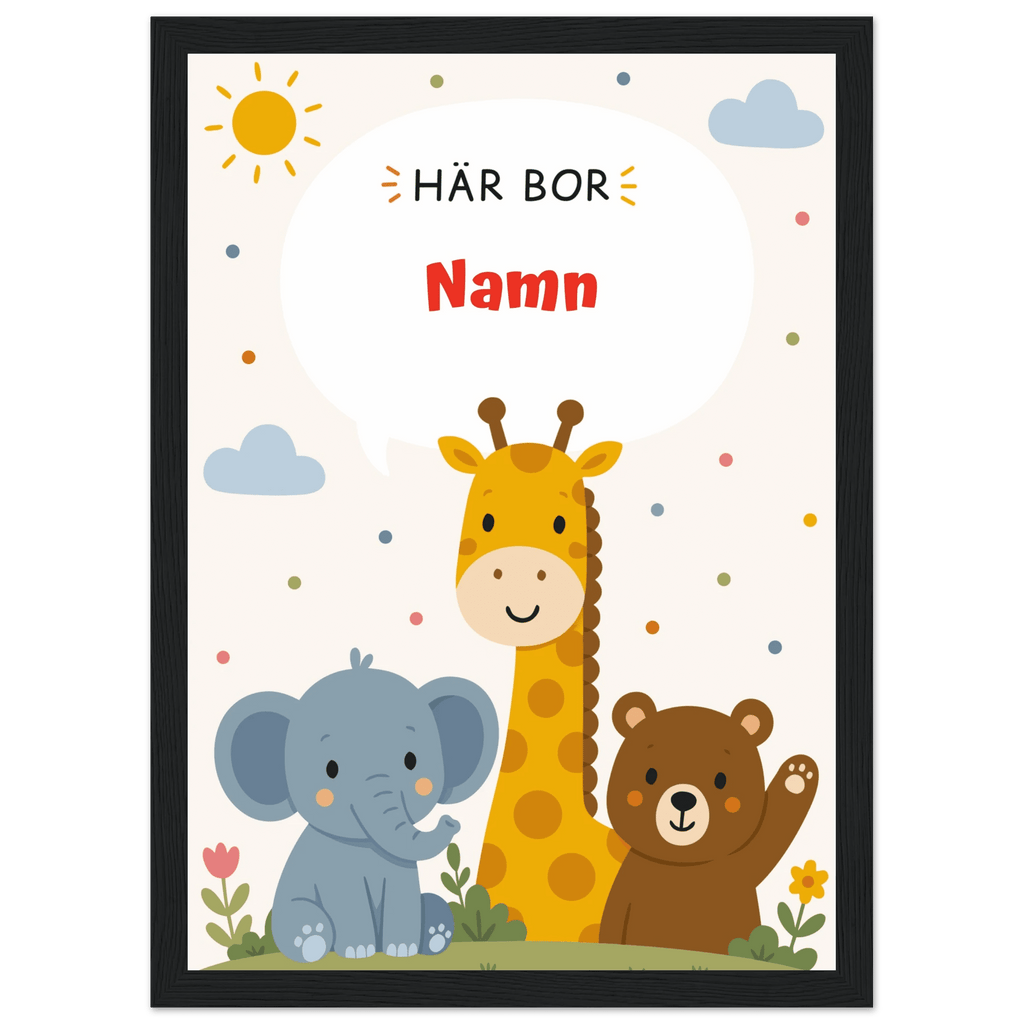 Personlig namnposter med djur – Här bor med röd text poster