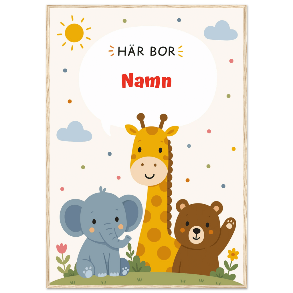 Personlig namnposter med djur – Här bor med röd text poster
