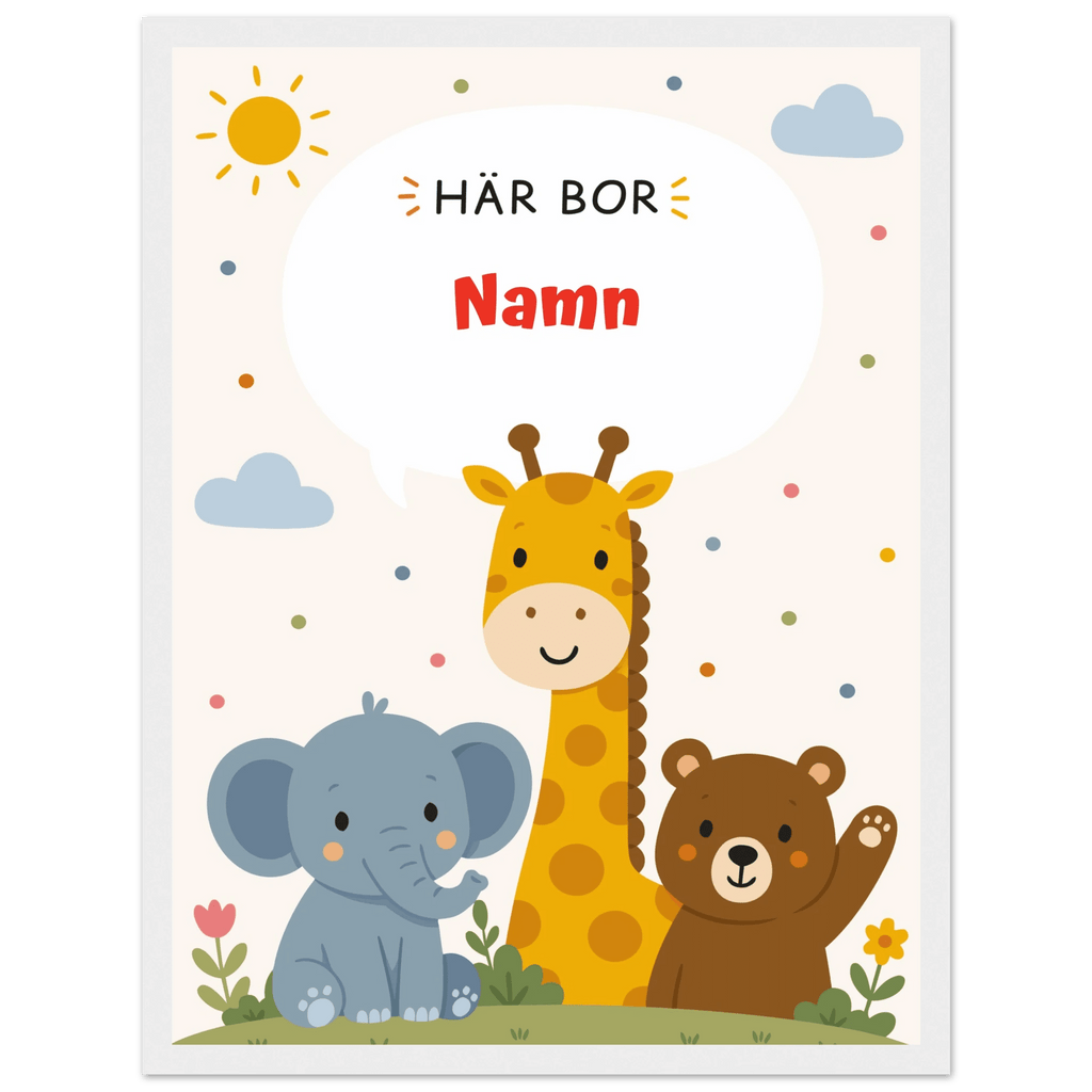 Personlig namnposter med djur – Här bor med röd text poster