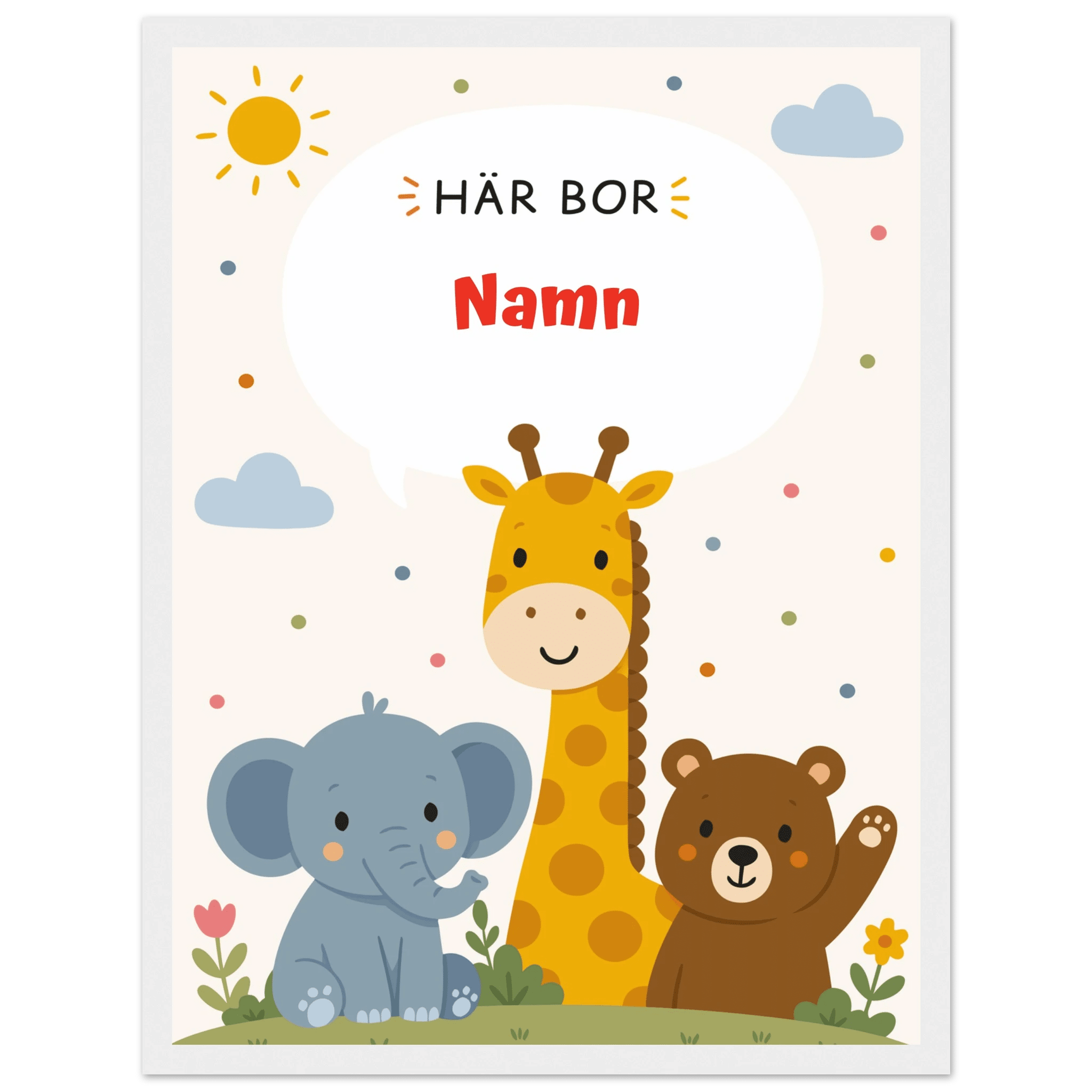 Personlig namnposter med djur – Här bor med röd text poster