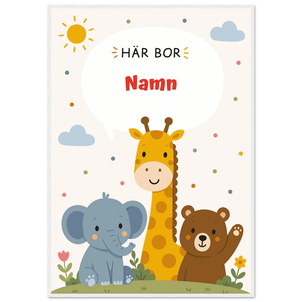 Personlig namnposter med djur – Här bor med röd text poster