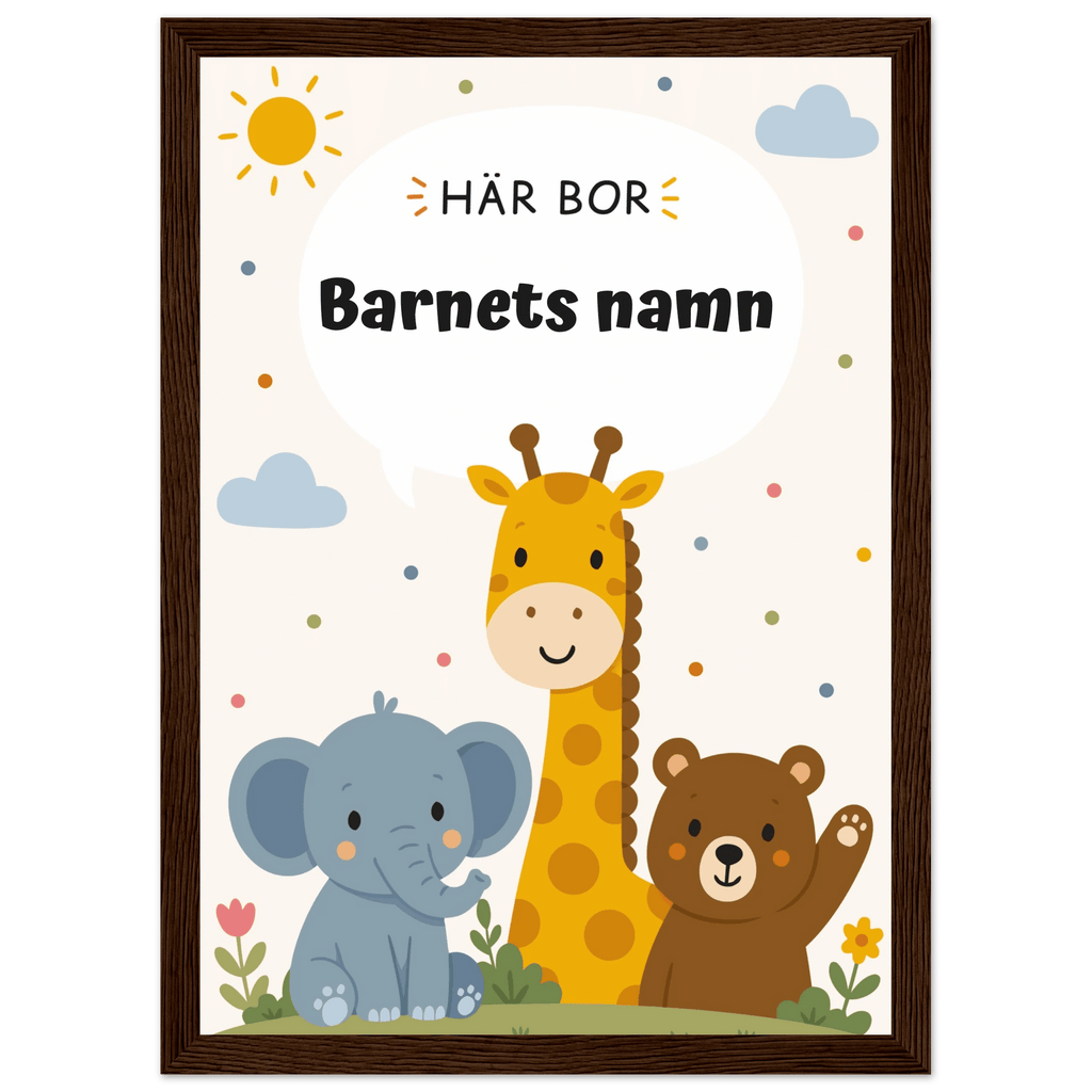 Personlig namnposter med djur – Här bor med svart text poster