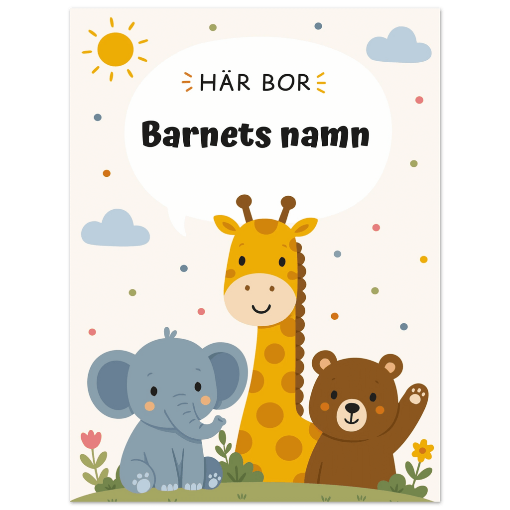 Personlig namnposter med djur – Här bor med svart text poster