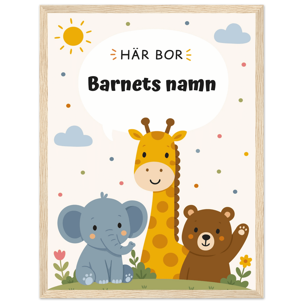 Personlig namnposter med djur – Här bor med svart text poster