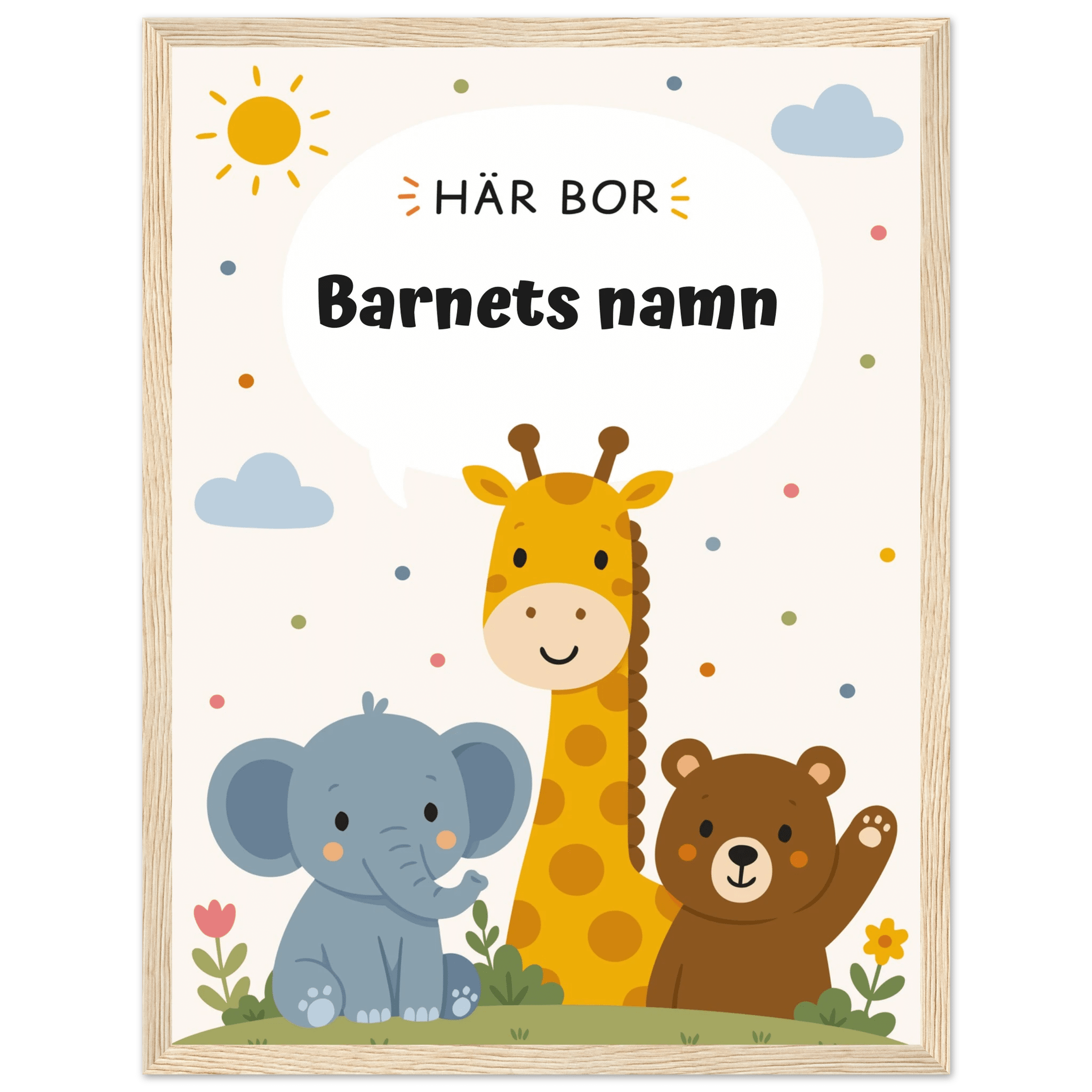 Personlig namnposter med djur – Här bor med svart text poster
