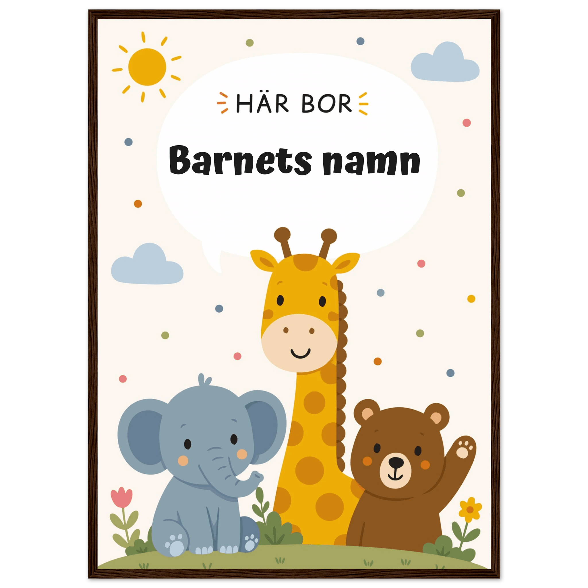 Personlig namnposter med djur – Här bor med svart text poster