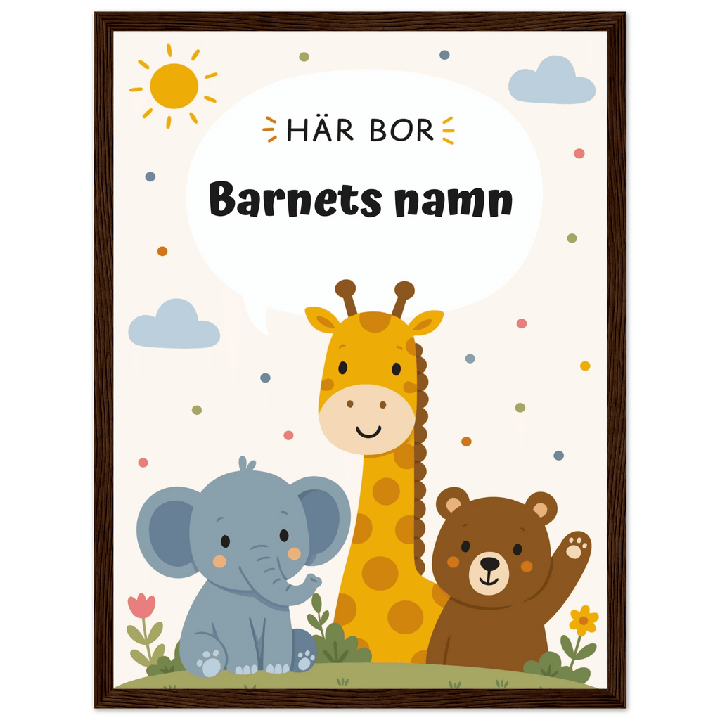 Personlig namnposter med djur – Här bor med svart text poster