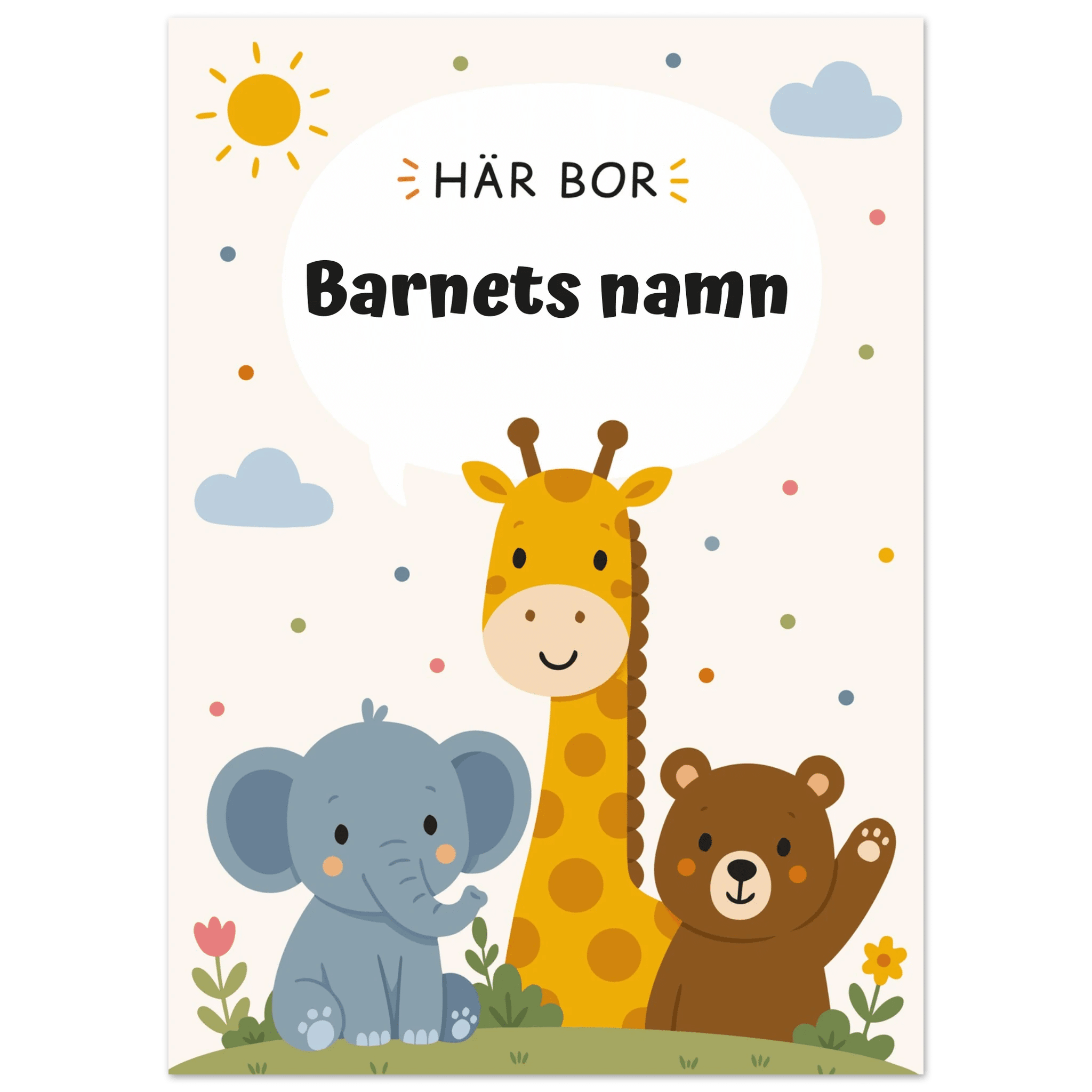 Personlig namnposter med djur – Här bor med svart text poster