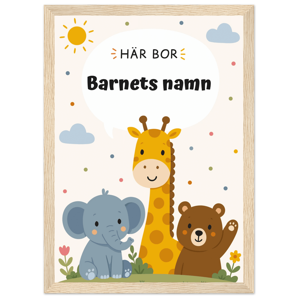 Personlig namnposter med djur – Här bor med svart text poster