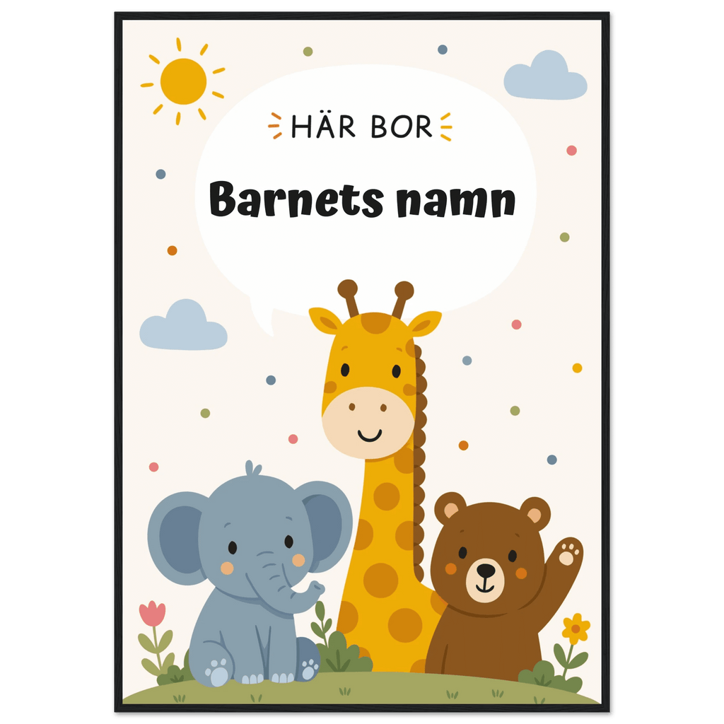 Personlig namnposter med djur – Här bor med svart text poster