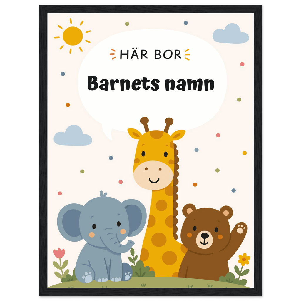 Personlig namnposter med djur – Här bor med svart text poster