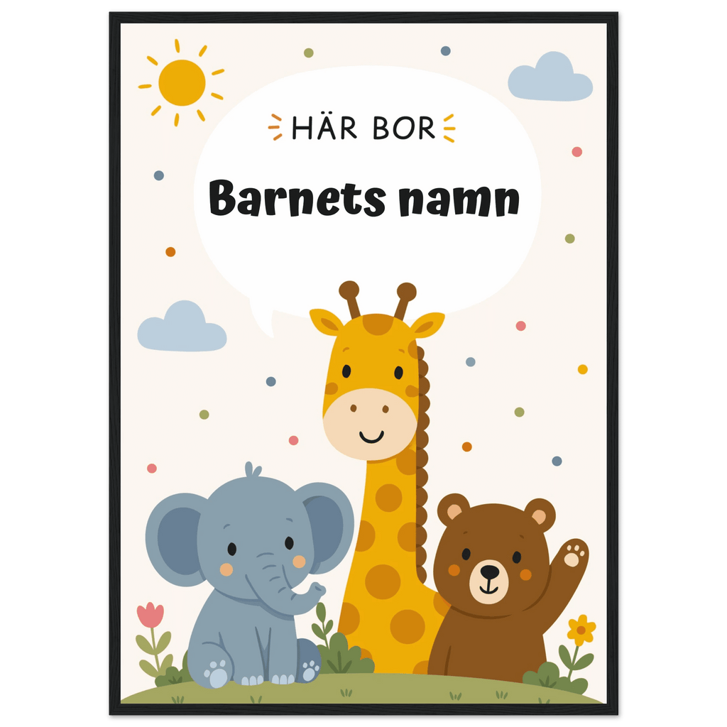 Personlig namnposter med djur – Här bor med svart text poster