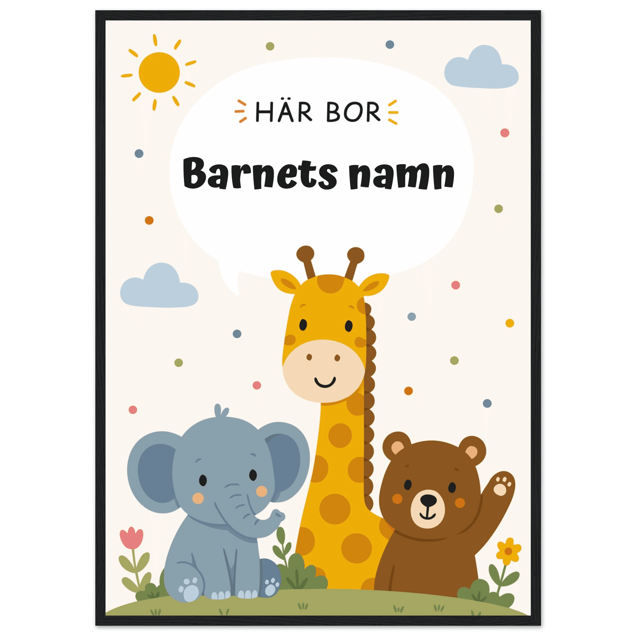 Personlig namnposter med djur – Här bor med svart text poster