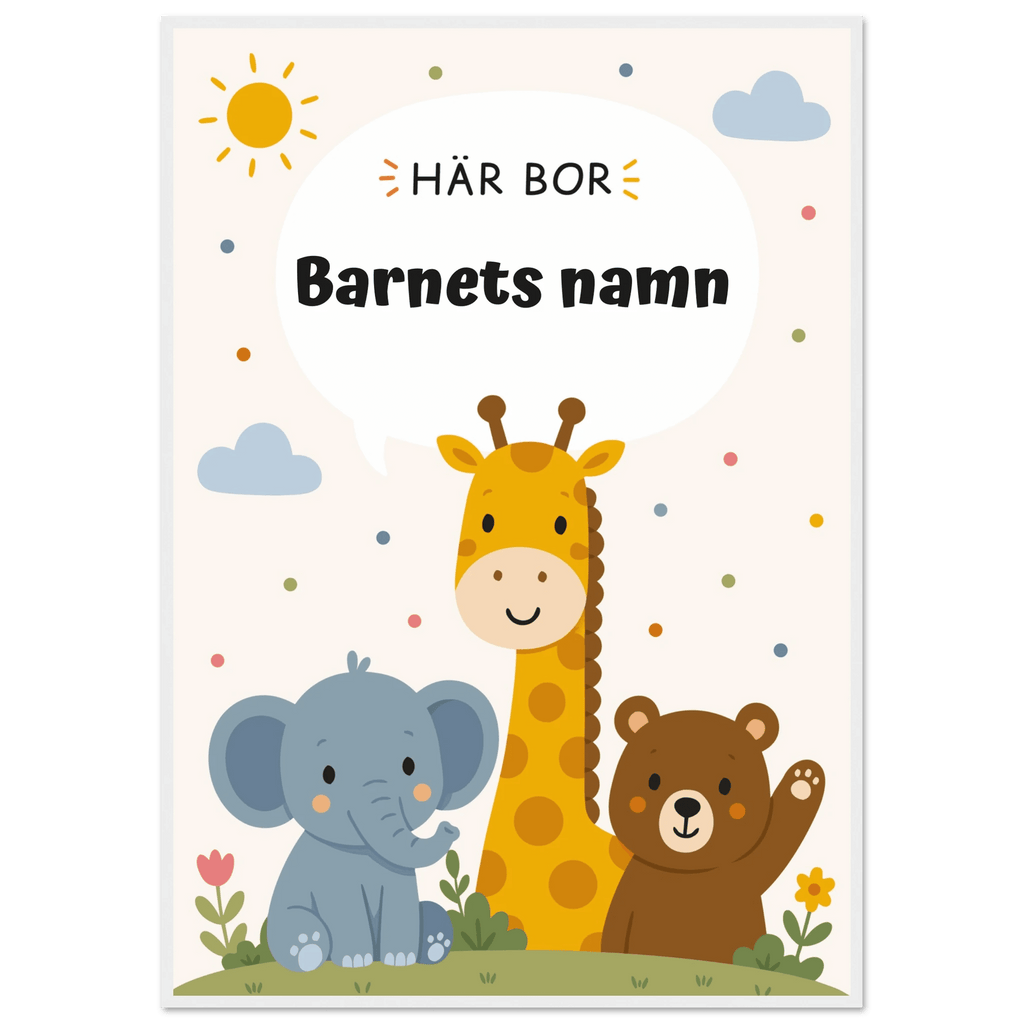 Personlig namnposter med djur – Här bor med svart text poster