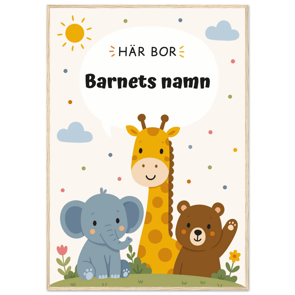 Personlig namnposter med djur – Här bor med svart text poster