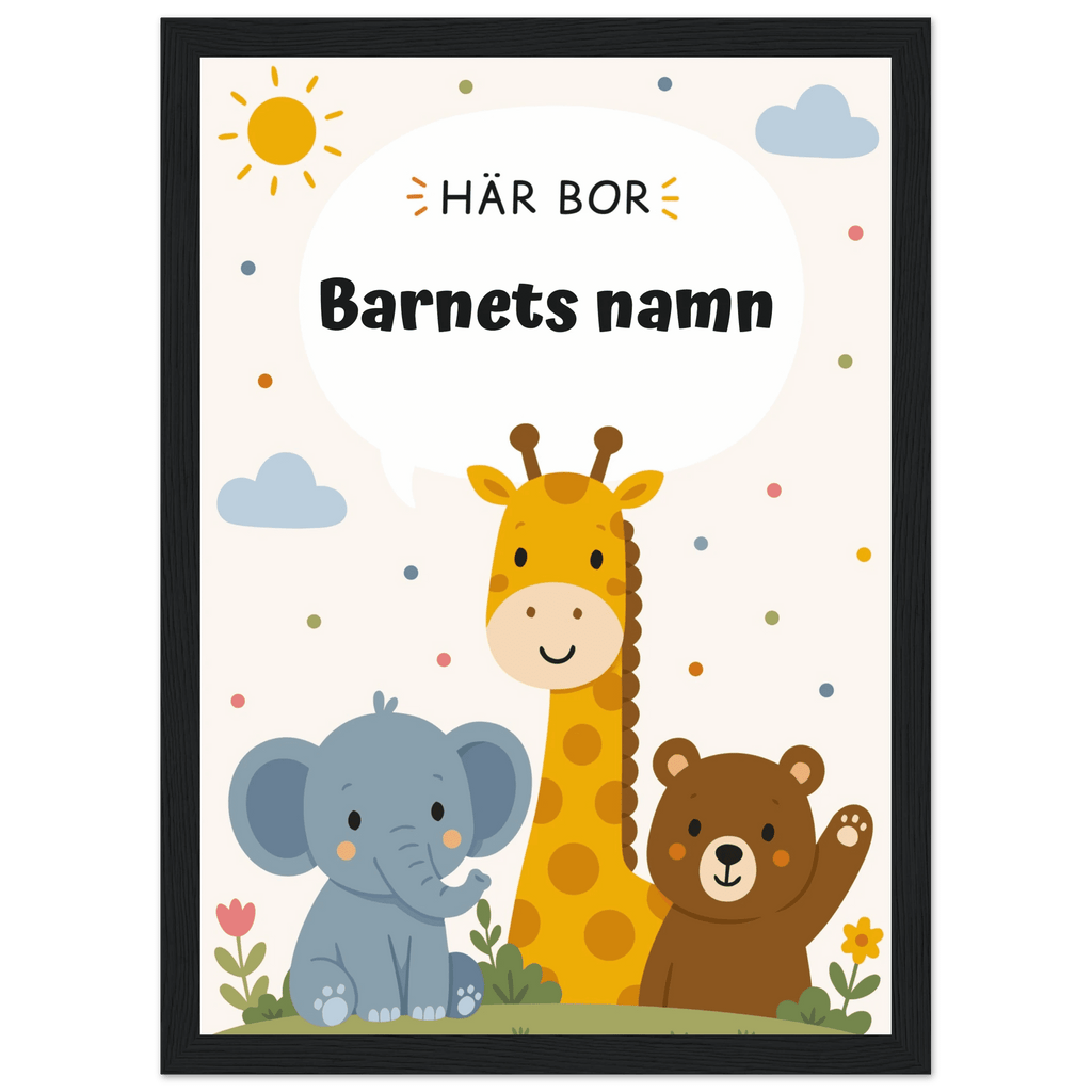 Personlig namnposter med djur – Här bor med svart text poster