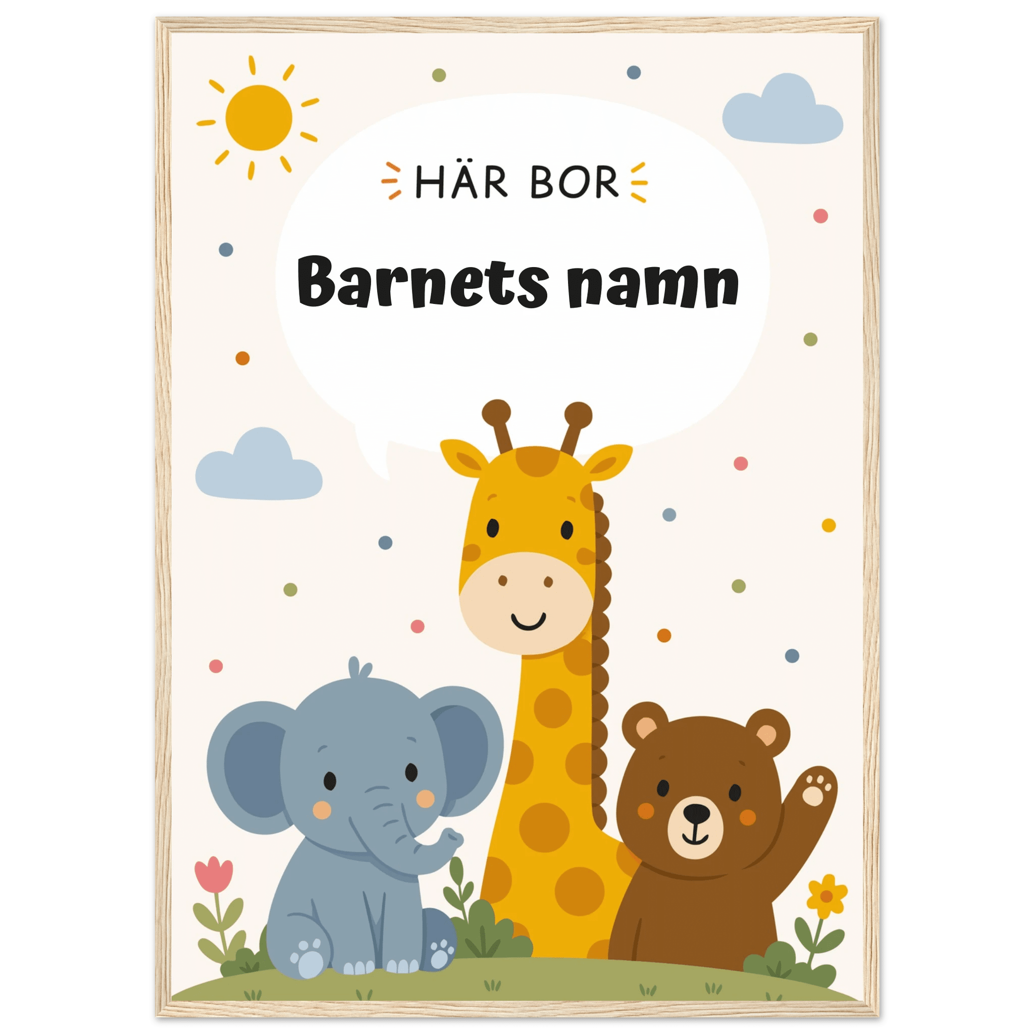 Personlig namnposter med djur – Här bor med svart text poster