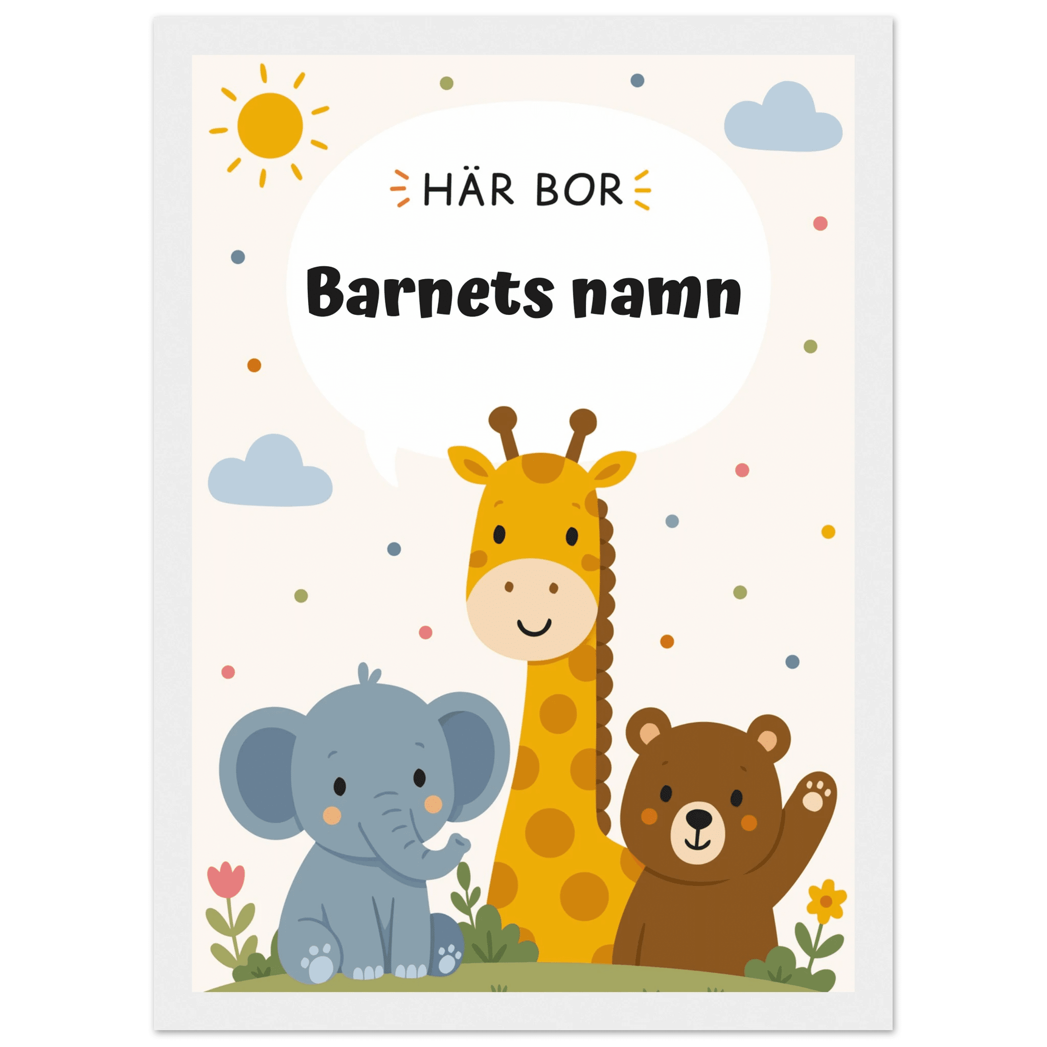 Personlig namnposter med djur – Här bor med svart text poster
